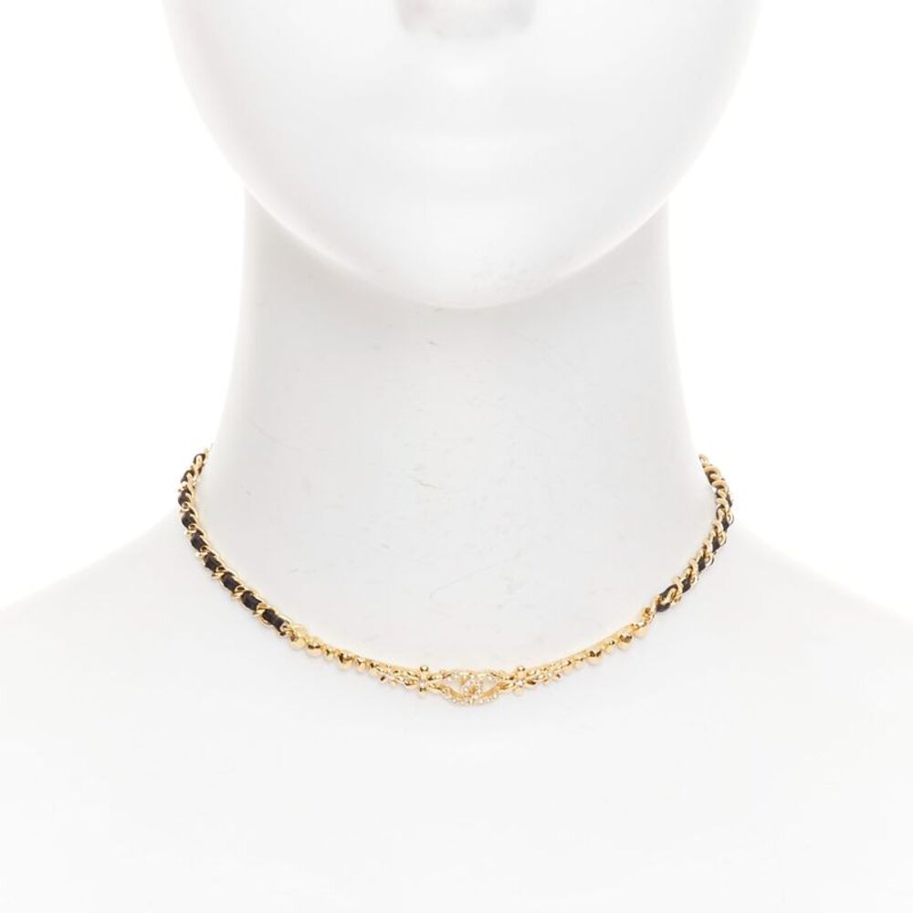 Chanel gold tone CC crystal leather choker necklace